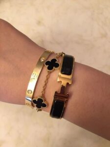 Click to view full screen 18K Vintage Alhambra Five Motifs Clover Onyx Bracelet photo review